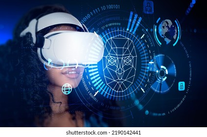 Businesswoman in vr headset watching at pie diagram with robot artificial intelligence hologram, virtual globe, binary code in the foreground. Concept of reality simulation, modern technologies