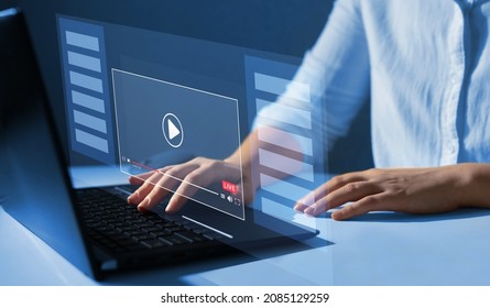 Businesswoman watching a live business stream.Online live stream window. Video streaming on internet concept. Live digital stream multimedia player. - Shutterstock ID 2085129259