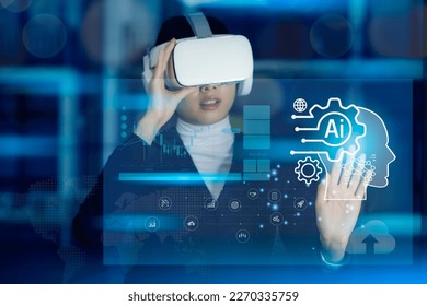 Businesswoman wear VR headset pointing at virtual screen showing results of intelligent AI learning system. Futuristic AI Metaverse Business technology transformation. 