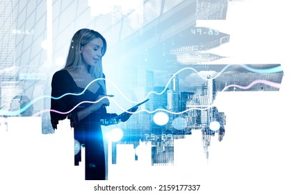 Businesswoman Wearing Formal Wear Is Typing On Laptop. New York And Singapore City Skyscrapers Panoramic View Financial Graph And Chart. Concept Of Successful Trading On Stock Market