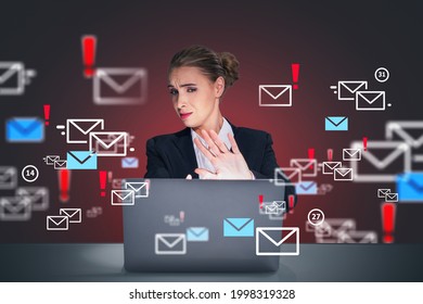 Businesswoman Wearing Suit Is Sitting At Workplace Looking At Laptop Screen And Showing Stop Gesture By Hand As Concept Of Stop Spam Mails. Concept Of Insecure Of Personal Data.