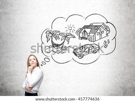 Businesswoman in white shirt dreaming about her vacation. Sketch of travelling. Concept of future vacation, rest and relaxation.
