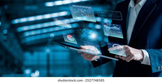 Businesswoman working with business data, finance, marketing report, Big Data Analytics technology, Processing Complexity information flow on virtual screen, machine learning, artificial intelligence. - Powered by Shutterstock