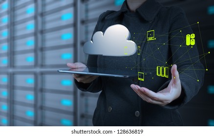 Businesswoman working with a Cloud Computing diagram on the new computer interface
