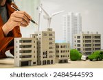 A businesswoman working at a desk in sustainable urban development, promoting eco-friendly futures with green condos and buildings, fostering a clean environment-friendly future.