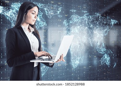 Businesswoman working with laptop on graphic world map background, global digital transformation and big data concept - Powered by Shutterstock