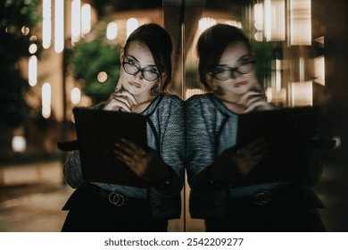 Businesswoman working on her tablet at night. She is reflected on a glass window, appearing focused and thoughtful in a dark urban setting. - Powered by Shutterstock