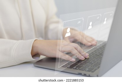 Businesswoman Working On Laptop Computer With Electronics Document Icon On Virtual Screen, E-document Online, Efficiently Manage Files, Document Management System (DMS) And Paperless Office Concept.