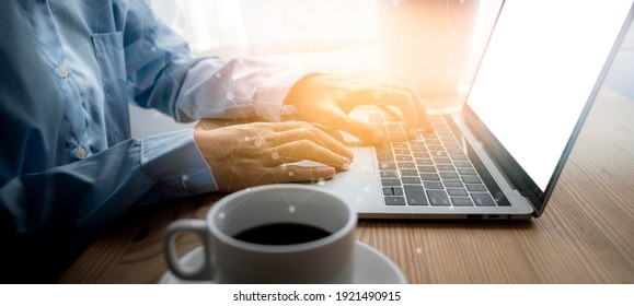 Businesswoman working on laptop online social media networking, work from home. - Shutterstock ID 1921490915