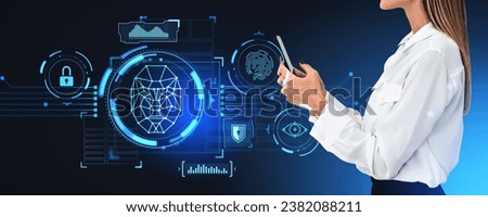 Businesswoman working with phone in hands, biometric scanning with facial recognition hud, digital hologram with fingerprint and padlock. Concept of cybersecurity