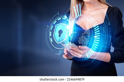 Businesswoman working with smartphone, earth hologram virtual screen with shield and lock. Digital technology and binary coding. Concept of privacy and protection