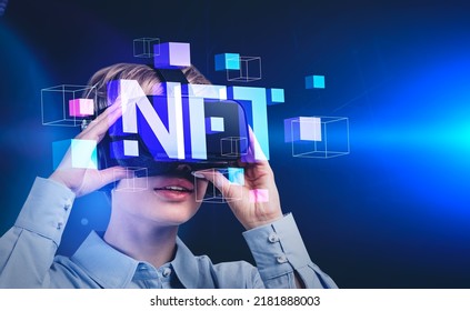 Businesswoman working in vr glasses, digital NFT hologram with data blocks floating, blockchain in metaverse. Concept of virtual art