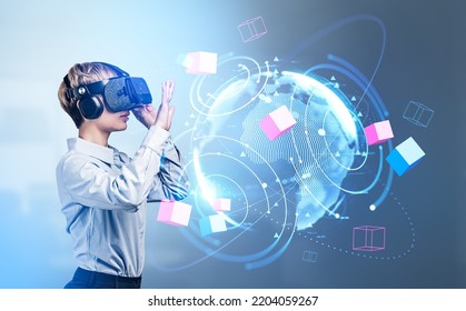 Businesswoman working in vr glasses, profile hand touching earth globe and circles hologram with colorful big data cubes. Concept of futuristic technology