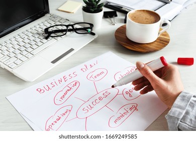 Businesswoman write business plan idea with strategy and chart growth concept. Business planning concept. Office workplace.