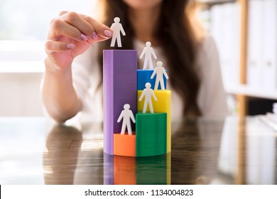 Businesswoman's Hand Placing Human Figures On Multi Colored 3d Pie Chart Over Desk - Shutterstock ID 1134004823