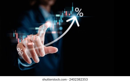 Businesswomen analyze the stock market with a digital virtual chart,  market upside rise business market growth, investments and financial concepts.