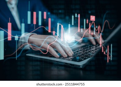 Businesswomen analyze virtual screens of graph stock market changes for trading, uptrends economy, business strategy development, find investment opportunities, financial concept. - Powered by Shutterstock