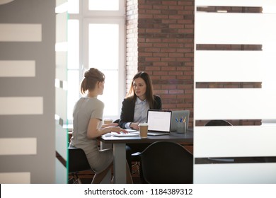 Businesswomen Discussing Project Results And Planning Work In Meeting Room, Female Marketing Or Sales Executives Talking In Office, Serious Women Colleagues Sharing Ideas About New Corporate Strategy