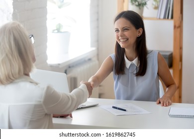 Businesswomen greets each other shake hands starting negotiations formal meeting, job interview activity good first impression, handshake symbol of respect, client and representative relations concept - Shutterstock ID 1619862745