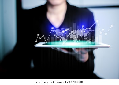 Businesswomen Holding Tablet Computer With Communication Tech With Data Virtual Panel. 5G Network Internet Mobile Wireless Business Concept. Signal Network Coverage Around The World.