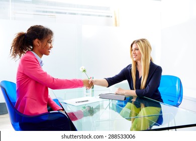 Businesswomen Interview Handshake Multi Ethnic Africand And Blond Sitting At Office