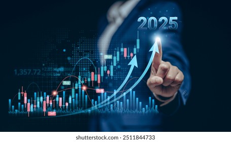 Businesswomen pointing to arrow up virtual to forecast and analyze the stock market and economic year 2025 with virtual chart,  trend upside business market growth, investments and financial concept.