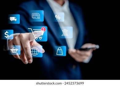 Businesswomen touch icon virtual shopping online with cart icons with a virtual interface shipping global network connection, online shopping, and e-commerce concept.