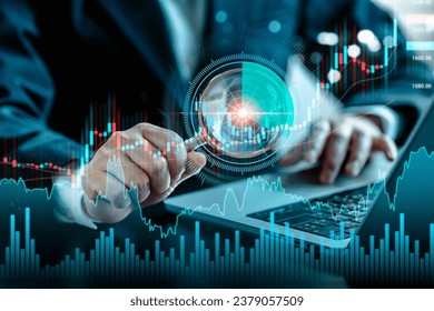 Businesswomen use magnifier glass scanning radar to find stock in stock markets, uptrends, , growth economics, business strategy development, and opportunities for investment, Financial Analyst.  - Powered by Shutterstock