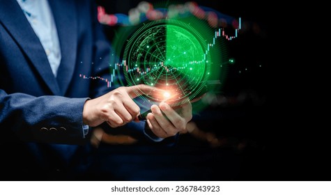 Businesswomen use smartphone apps for scan radar to find stock in stock markets, uptrends, growth economics, business strategy development, and find opportunities for investment. - Powered by Shutterstock