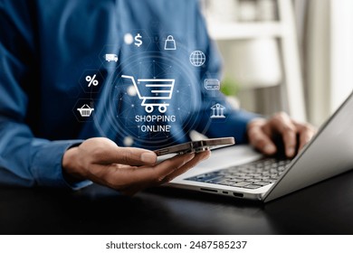 Businesswomen use smartphone connect icon virtual shopping online with cart icons with a virtual interface shipping global network connection, online shopping, and e-commerce concept.