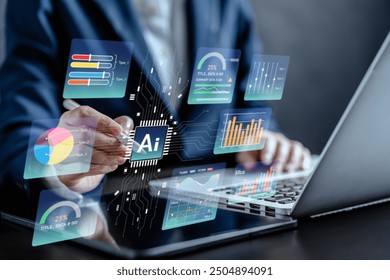Businesswomen use a stylus pen connecting artificial intelligence AI circuit board to analyze data automated chart graph. Innovative technology Machine learning on virtual screen for futuristic.