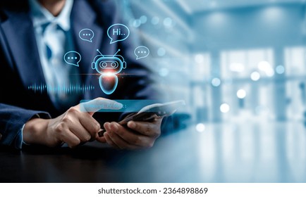 Businesswomen using chatbot applications on smartphones, AI, Chat Artificial Intelligence assistant conversation online support marketing, AI generates machine robot automation, Futuristic technology. - Shutterstock ID 2364898869
