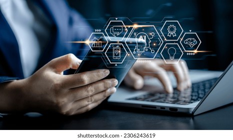 Businesswomen using smartphone working on artificial intelligence
analyze data marketing and business trend. innovation disruption original, Chatbot t AI technology concept - Powered by Shutterstock