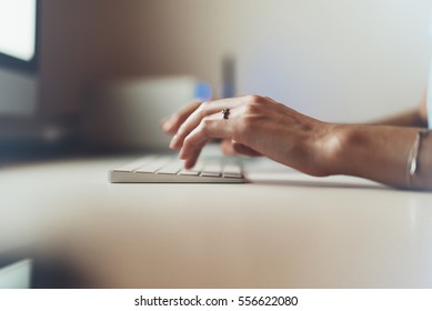 Businesswomen Working At Office With Monitor Computer, Young Hipster Manager Typing On Keyboard, Closeup Finger Female Hands Texting Message, Work Process Concept In Workspace, Night Atmospheric 
