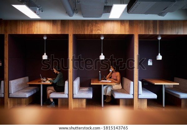 Businesswomen Working In Socially\
Distanced Cubicles In Modern Office During Health\
Pandemic
