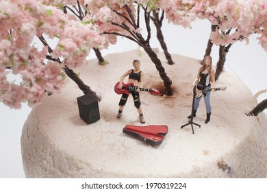 Busking Street Musician, Busking Guitar Case With Money At Cherry Blossoms