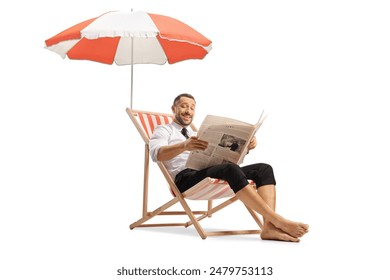 Bussinesman sitting on beach chair under umbrella and reading a newspaper isolated on white background - Powered by Shutterstock