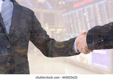 Bussiness Handshake With City Background, Double Exposure Style.