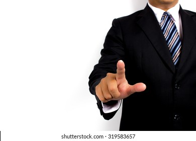 Bussiness Man Is Pressing Empty Button On White Background