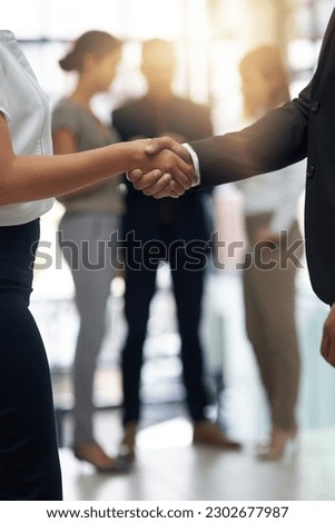 Bussiness people, shaking hands and partnership deal at meeting for networking, b2b and success. Professional man and woman together for handshake, corporate partner and introduction or agreement