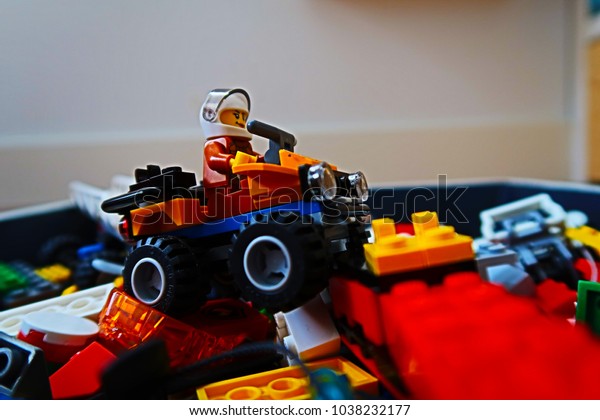 Bussum, 4-3-2018 The Netherlands, Illustrative\
editorial, lego toys, woman on a\
quad.