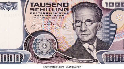 Bust Of The Austrian-Irish Physicist Erwin Schrödinger, Receiver Of The Nobel Prize In Physics In 1933. Portrait From Austria 1000 Schilling 1982 Banknotes. 