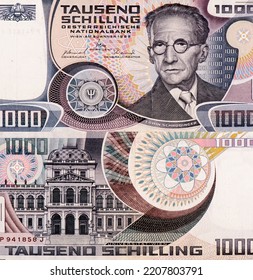 Bust Of The Austrian-Irish Physicist Erwin Schrödinger, Receiver Of The Nobel Prize In Physics In 1933. Portrait From Austria 1000 Schilling 1982 Banknotes. 