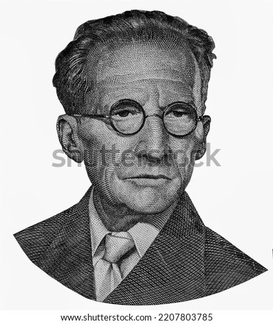 Bust of the Austrian-Irish physicist Erwin Schrödinger, receiver of the Nobel Prize in Physics in 1933. Portrait from Austria 1000 Schilling 1982 Banknotes. 