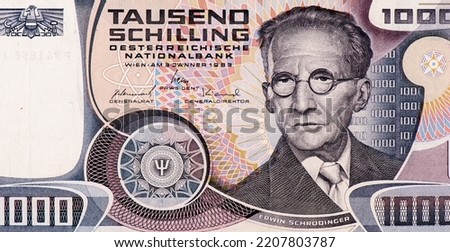Bust of the Austrian-Irish physicist Erwin Schrödinger, receiver of the Nobel Prize in Physics in 1933. Portrait from Austria 1000 Schilling 1982 Banknotes. 