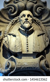 Bust Of Christoph Plantinus On The Facade Of The Plantin Moretus Museum. Antwerp. Belgium. May 2016.