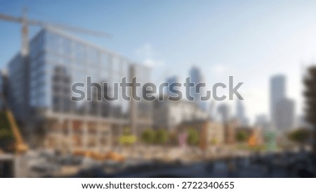 A bustling city square under development, featuring modern office buildings, construction cranes, and vibrant public art installations, symbolizing urban growth and progress on a sunny day.