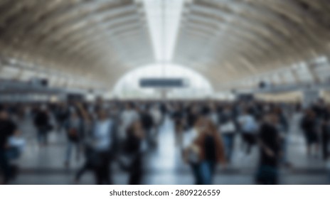 A bustling interior of a large train station with a blurred crowd of people walking.