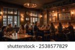 A bustling pub interior with patrons seated at tables, chatting and drinking, surrounded by rustic, warm decor. Suitable for themes of nightlife, social gatherings, and leisure