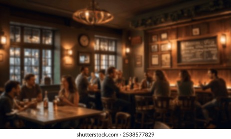 A bustling pub interior with patrons seated at tables, chatting and drinking, surrounded by rustic, warm decor. Suitable for themes of nightlife, social gatherings, and leisure - Powered by Shutterstock